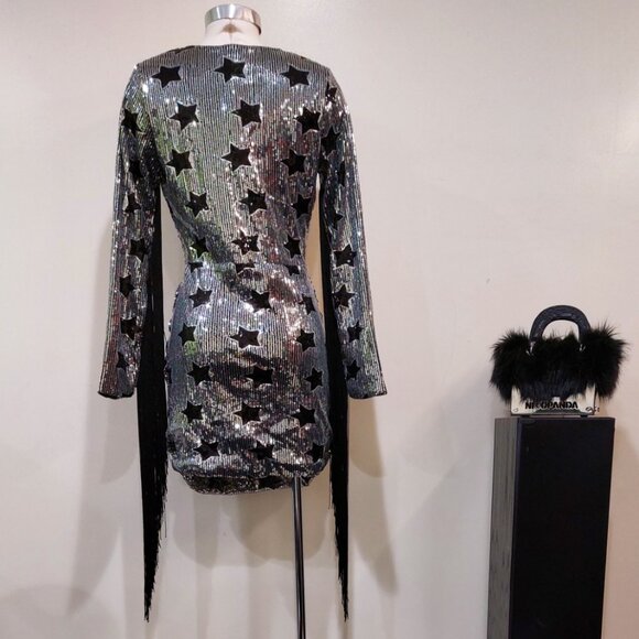💥SHOWSTOPPER💥Sequin Cocktail Dress w/ Tassel Fringe in Silver & Black - Picture 11 of 15